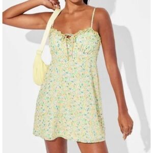 Wild Fable Dress S Women's Yellow Floral Ruffle Trim Tie Neck Babydoll Mini Slip